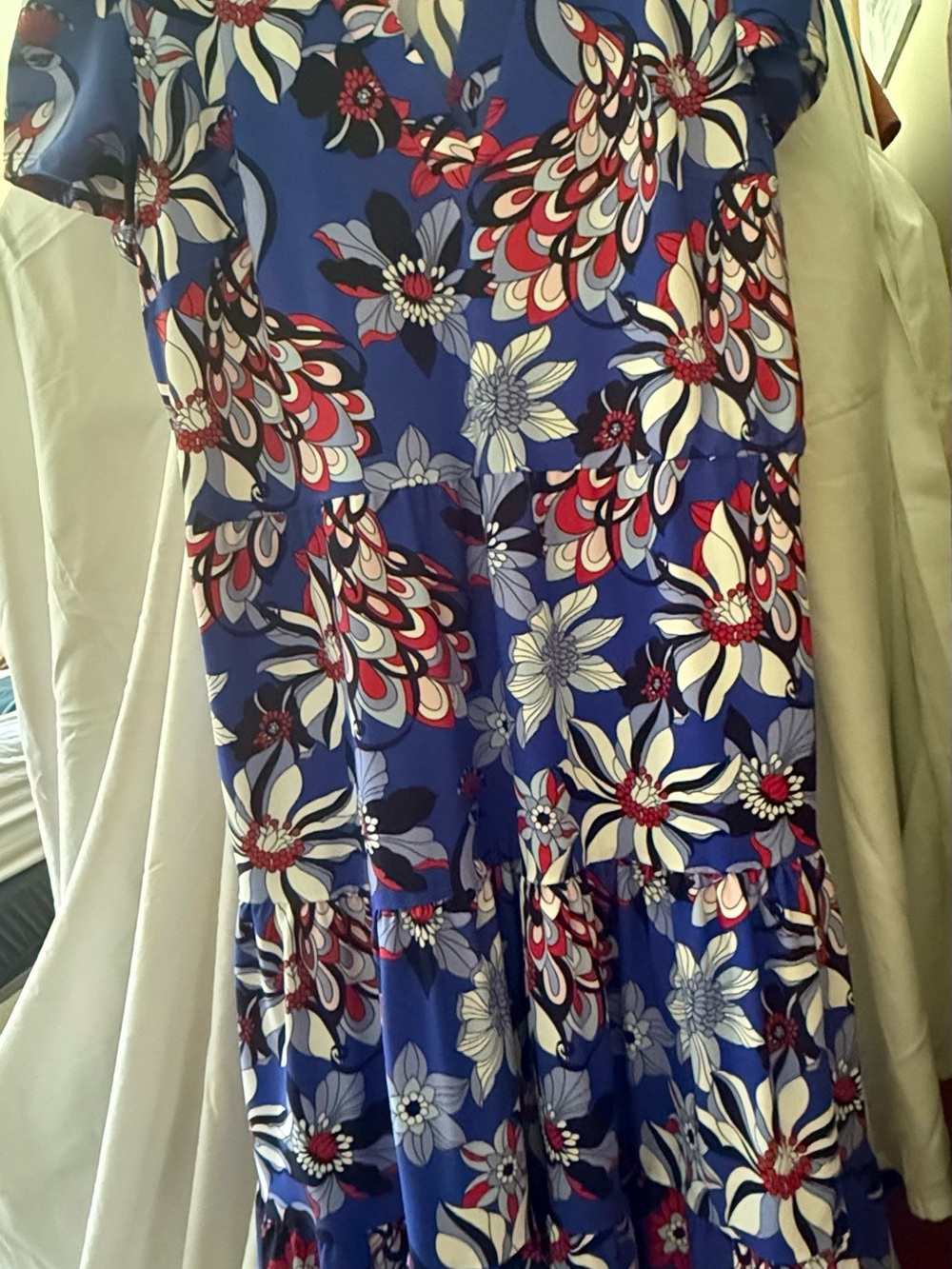 Jude Connally Blue Floral Print Dress with Red and White Accents